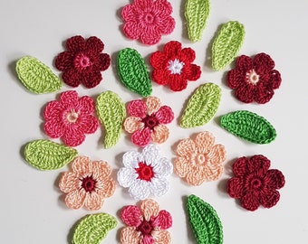 Crochet Flowers Set 10 Pieces with 10 Leaves | Mini Crochet Flower Appliques | Scrapbooking Supply