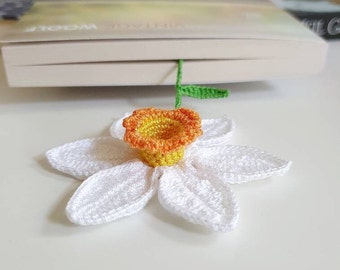 Crochet White Daffodils with Yellow and Orange Trumpet Bookmark for Book Lovers | Reading Planners Accesory