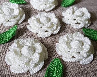 Crochet Small Thai Jasmine Flowers Set 6 Pieces with 6 Leaves | Handmade Jasmine Flowers Appliques | Clothes Decoration