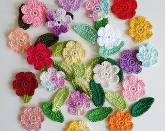 Crochet Set of 20 Small Flowers and 20 Leaves | Set of 40 Embellishment Pieces | Craft Scrapbooking Supply