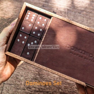 Wooden Dominoes Set Game, Classical Double Six With 28 Tiles Handmade From Leather and Wood With Wooden Storage Box, Perfect Gifts
