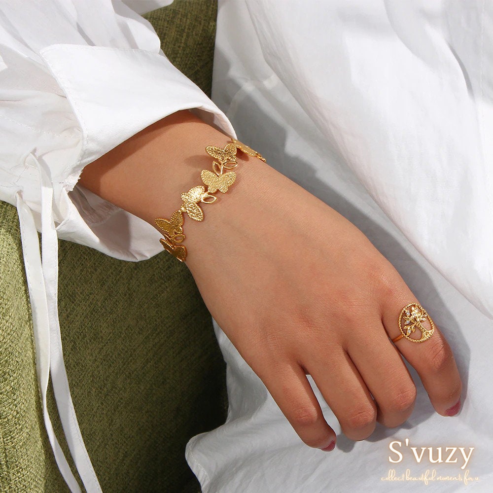 Handcrafted Butterfly Bracelet ⁃ Minimalist Bracelet ⁃ Fine Jewelry ⁃ Bracelet for Women ⁃ Gold Butterfly Bracelet - Layering Bracelet.
