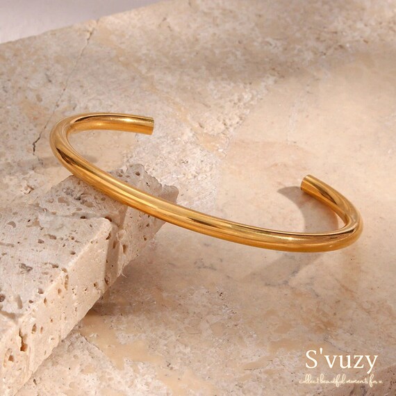 18K Gold Glossy Stainless Steel Cuff Bangles Bracelets for Women