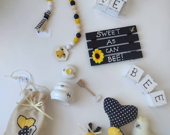 Bee Happy Tiered Tray Decor Set | Bee Decor | Hearts of Love Mini Pillows | Farmhouse Tray Decor | Bumble Bee Collection | Gift Idea