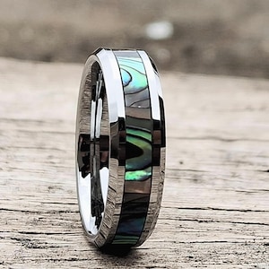 Abalone Shell Inlay Tungsten Ring - Silver 6mm Wedding Band