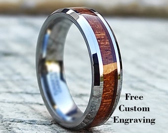 Alliance en tungstène en bois de Koa | Bague en tungstène argenté | Hommes et femmes | Anneau en carbure de tungstène | Alliance en bois