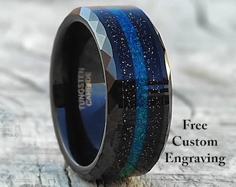 Black Tungsten Wedding Band: Crushed Fire Opal Inlay, Comfort Fit