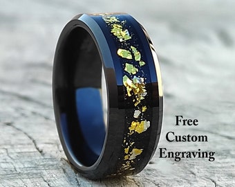 Men Tungsten Carbide Ring Black & Gold Foils Inlay Beveled Ring, Gold Wedding Ring Gold Flake Wedding Ring Gold Foil Wedding Band for Man