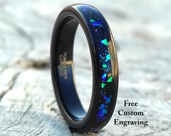 4mm Black Tungsten Wedding Band: Crushed Fire Opal Inlay