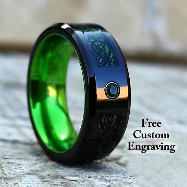 Black Tungsten Ring With Green Celtic Dragon Inlay • Glow Celtic Wedding Band • Mens Celtic Wedding Tungsten Band • Promise Ring • 8mm Wide