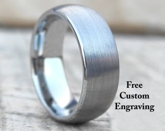 Brushed Silver Tungsten Ring: Men's Wedding Band, Personalized Engraving