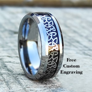 Celtic Knot Tungsten Ring: Silver & Black Carbon Fiber Inlay, Custom Engraving