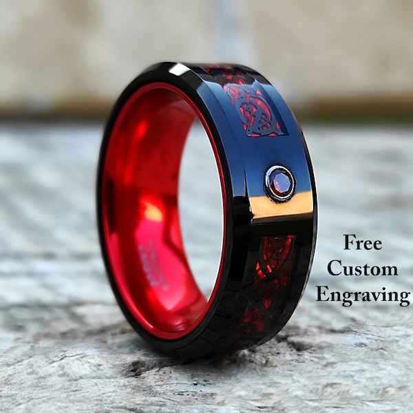Black Tungsten Ring With Red Celtic Dragon Inlay • Mens Celtic Wedding Band • Promise Ring • Mens Celtic Wedding Ring • 8mm Wide