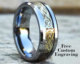 Tungsten Celtic Dragon Ring Gold Inlay Wedding Band (8mm Wide