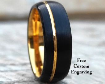 Yellow Gold Tungsten Ring Mens Wedding Band Black Matte Brushed Domed Design 8MM Size 7 to 13 Anniversary Engagement Husband Special Gift