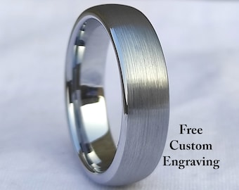 Silver Domed Tungsten Carbide Ring for Mens Silver Brushed Wedding Bands Dome Tungsten Comfort Fit Ring, Personalized Ring for Groom 6MM