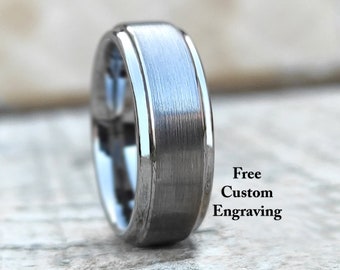 Silver Tungsten Wedding Band: Brushed Ring with Free Engraving