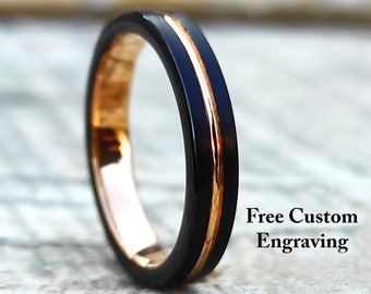 Tungsten Ring 4MM Men's Tungsten Ring Rose Gold Line Brushed Tungsten, Women Tungsten Ring Tungsten Wedding Band Wedding Band Free Engraving