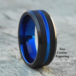 Zwarte wolfraam ring, 8MM wolfraam ring voor heren blauwe lijn geborsteld wolfraam, wolfraam band comfort fit trouwring gratis gravure