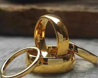 Alianza de boda de tungsteno chapada en oro de 24 quilates: anillo de cúpula pulido de 2 mm, 4 mm, 6 mm y 8 mm