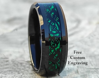 Celtic Dragon Tungsten Ring: Green Carbon Fiber Inlay, 8mm Wedding Band