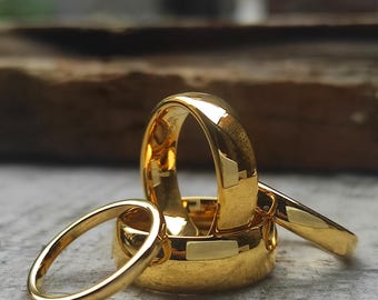24K Gold Plated Tungsten Wedding Band: High Polished Dome Ring 2mm, 4mm, 6mm, 8mm