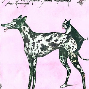 May include: A black and white spotted dog with a smaller black and white dog on its back. The background is pink. The text on the poster reads "Film Jacka Bromskiego, SZTUKA KOCHANIA, Zdjęcia: Grzegorz Kędzierski, ZF "Zebra" 89, muzyka: Henri Seroka, główne role: Piotr Machalica, Joanna Trzepiecińska, Anna Romantowska".