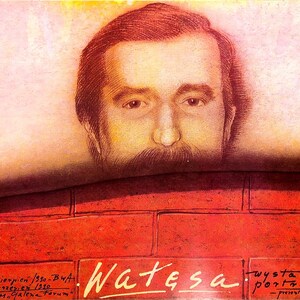 May include: A poster featuring a brown-toned portrait of a man with a mustache, depicted on a light-coloured sheet secured with white cords against a red brick wall. The text reads "Wałęsa", "Gdańsk-sierpień 1980-BWA", "Kraków-wrzesień 1980", and "wystawa portretów".