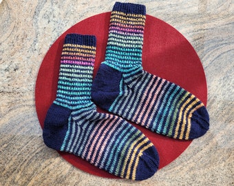 Hand-knitted socks - size 38/39, 40/41, 42/43 - blue/multicolored striped
