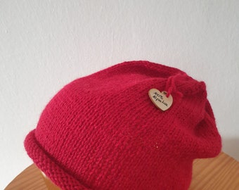 Hand knitted hat - hat for adults - baby alpaca - winter hat - handmade - rolled edge hat - red