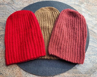 Hand-knitted hat for adults - Baby Alpaca - Winter hat - Handmade - Knitted - Cappuccino, Red, Berry and Medium Green