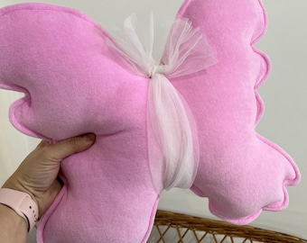 Almohada de mariposa rosa: cojín de terciopelo para decoración de habitación infantil