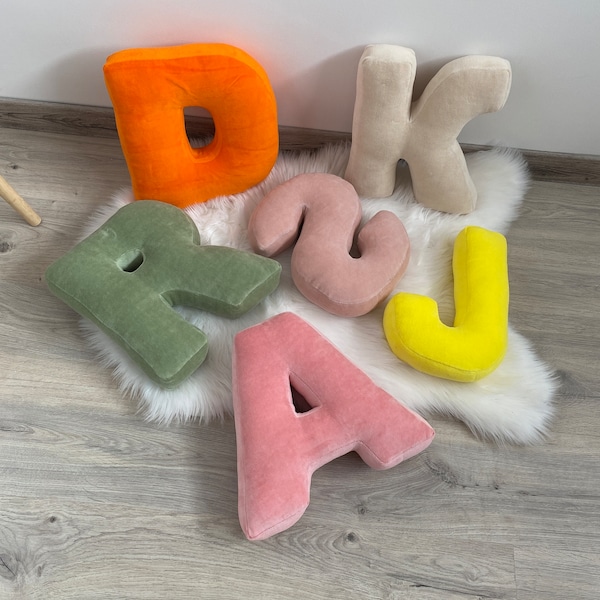 Multicolored velour decorative pillow in letter shape, Housewarming gift, Personalized pillow monogram custom letter, alphabet Pillow