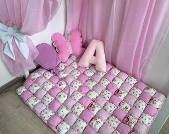 Pink Cotton Play Mat: Floral Baby Room Decor (47x35 inches)