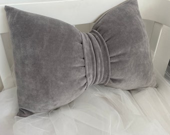 Gray Bow Pillow: Cotton Coquette Accent Pillow