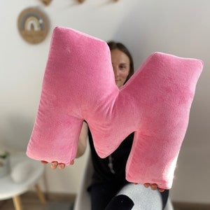 Pink velour decorative pillow in letter shape, Housewarming gift, Personalized pillow monogram decorative custom letter, mother's day gift image 1