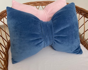 Blue Bow Pillow: Cotton Velvet Coquette Accent Pillow