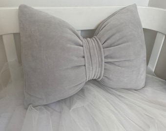 Light Gray Bow Pillow: Cotton Coquette Accent Pillow