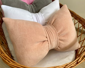 Blush Rose Bow Pillow: Cotton Coquette Accent Pillow