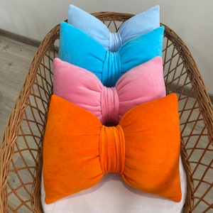 Turquoise bow, Pink Bow Shape Pillow, Coquette Pillow, Cottage Core Pillow, Velvet Bow Pillow, Mother&#39;s Day gift, Lumbar Accent Pillow
