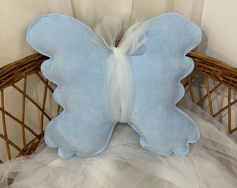 Blue Butterfly Pillow, Velour Nursery Decor, Baby Shower Gift