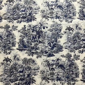 Blauwe katoenen Toile de Jouy-stof
