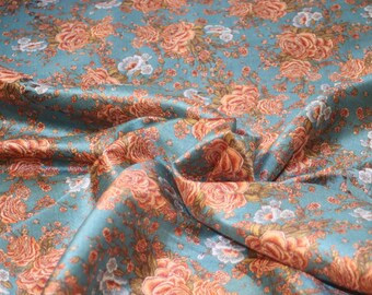 Vintage Teal Floral Poly Silk Fabric