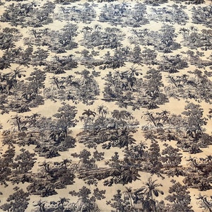 May include: A beige fabric with a repeating pattern of black trees, plants, and animals. The pattern is reminiscent of a toile design.