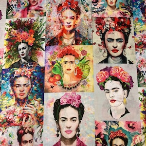 Könnte beinhalten: Ein farbenfroher Stoff mit einem sich wiederholenden Muster aus Frida Kahlo-Porträts. Jedes Porträt ist von Blumen und anderen dekorativen Elementen umgeben. Der Stoff ist ein lebendiger Mix aus Farben, darunter Rot, Pink, Blau, Grün und Gelb.