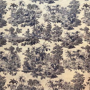 May include: Black and white fabric featuring a repeating pattern of jungle animals, including elephants, tigers, and palm trees.