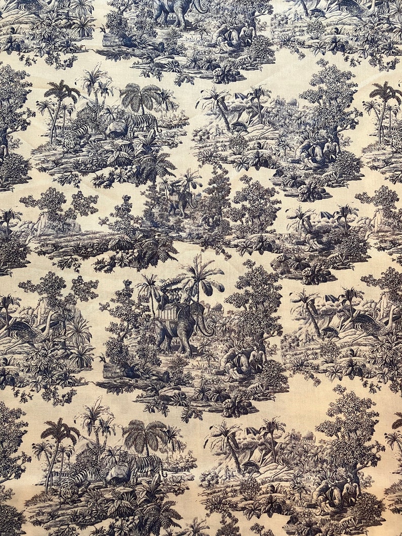 May include: Black and white fabric featuring a repeating pattern of jungle animals, including elephants, tigers, and palm trees.
