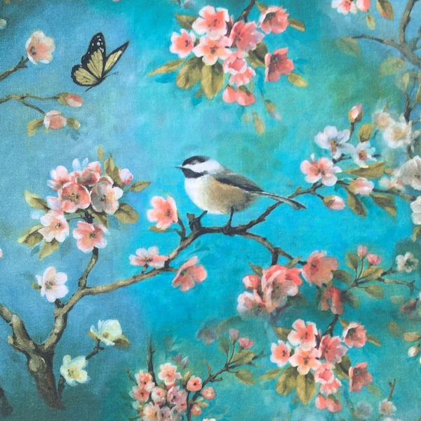 Tissu en coton Oiseau sur l'arbre en fleurs