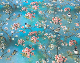Cotton Fabric Bird on flowering tree