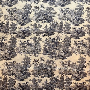 May include: A black and white toile fabric featuring a repeating pattern of dinosaurs and palm trees in a jungle setting.